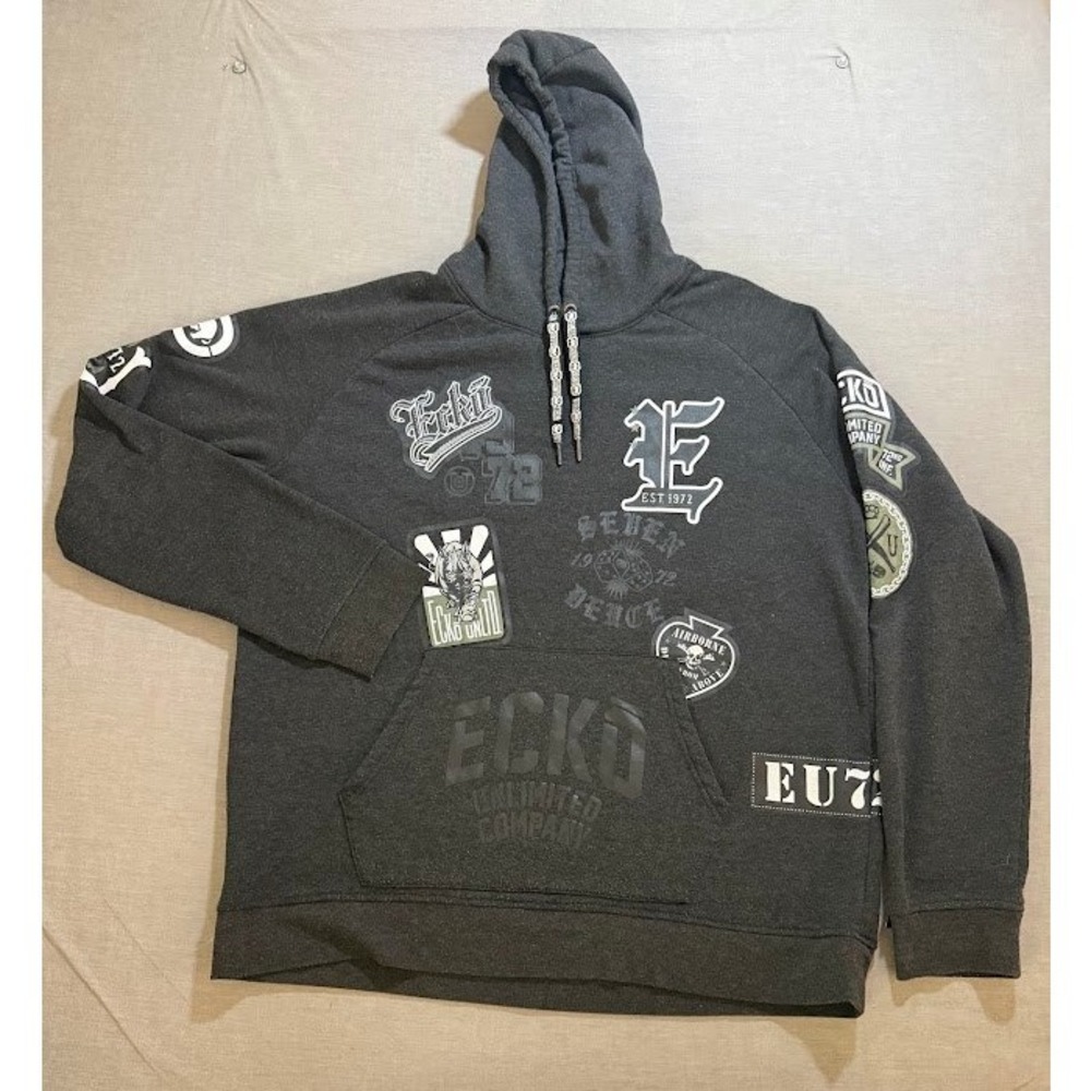 Ecko Unltd. Hoodie Pullover‎ Graphic All Over Patches Fleece Lined Dark Gray 2XL